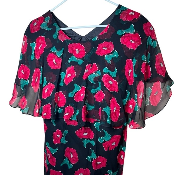 Vintage JOANIE CHAR 100% Silk Ruffled Floral Dress Red Black Chiffon Maxi Size 6 - Picture 4 of 9